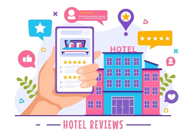 Vector hotel reviews illustration with rating service user satisfaction to customer product or experience