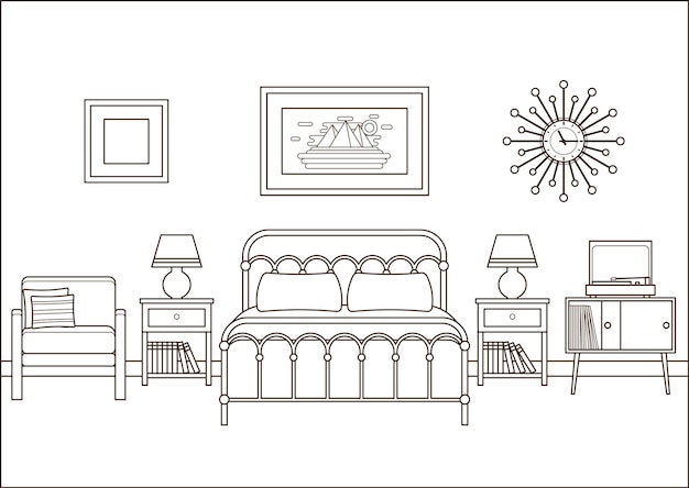 Hotel room Bedroom interior Outline retro home space in line art flat design House illustration