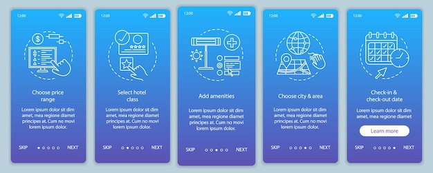 Vector hotel room booking onboarding mobile app page screen vector template