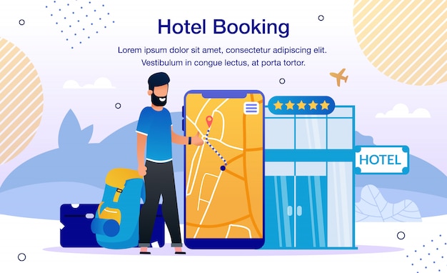 Vector hotel room, flight tickets booking