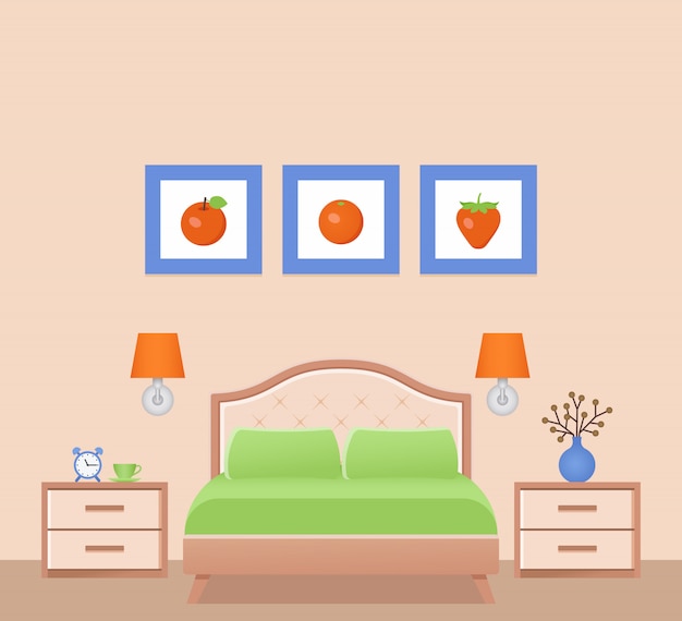 Vector hotel room interior with bed, bedroom.  illustration.