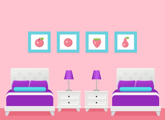 Vector hotel room interior with two beds, bedroom.  illustration.