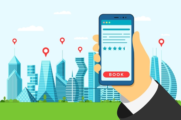 큰 미래 도시 개념에서 호텔 검색 및 예약. 평가 리뷰 별이 있는 스마트폰 및 온라인 예약 아파트를 들고 있습니다. Gps 포인트 및 예약 애플리케이션 인터페이스를 검색하는 모바일 여행 앱