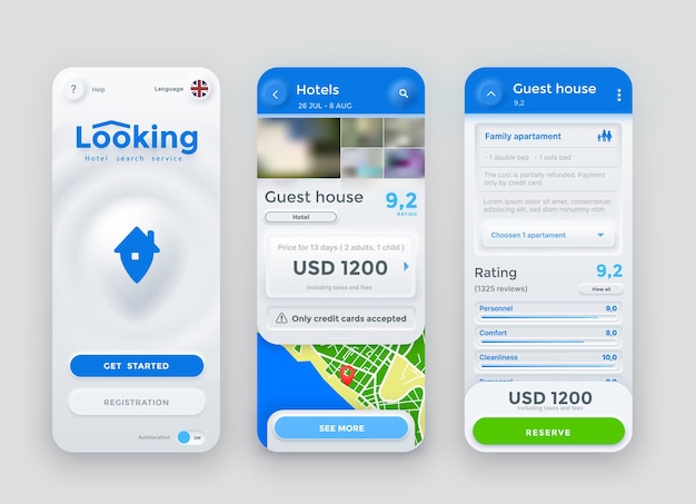 ホテルの検索、予約、支払い、予約サービスのオンラインアプリ、ベクトルニューモルフィックインターフェイス画面。旅行、ホテル検索、またはスマートフォンでのアパートや部屋の予約用の携帯電話アプリケーションui