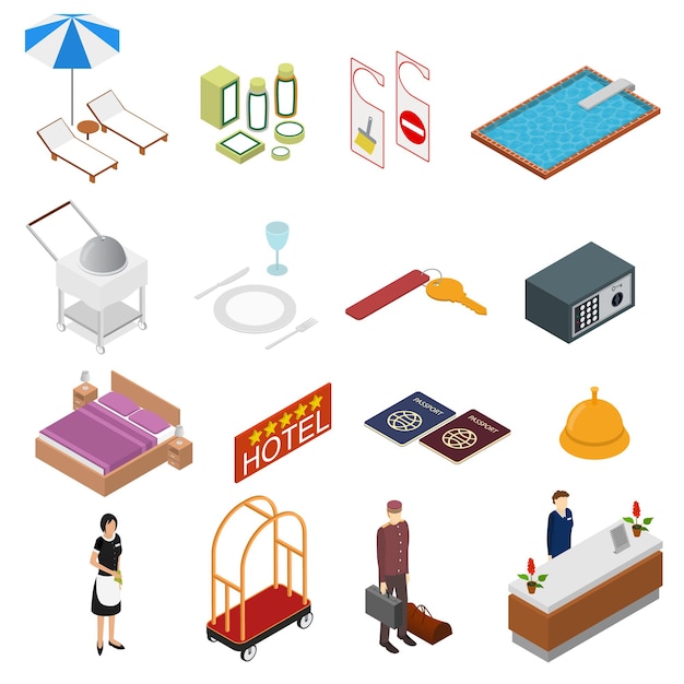 Hotel Service Color Icons Set Isometric View Comfort Travel Isolated on White Background. Vector illustration