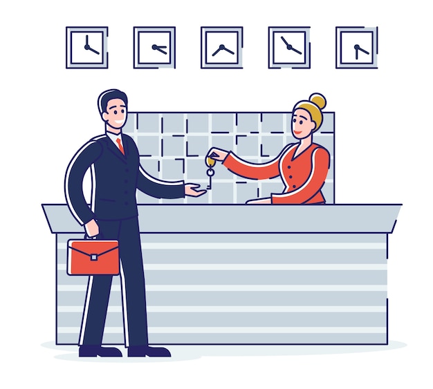 Hotel service concept. businessman is staying in the hotel. receptionist woman gives the keys from apartments to the guest. cartoon outline linear flat .