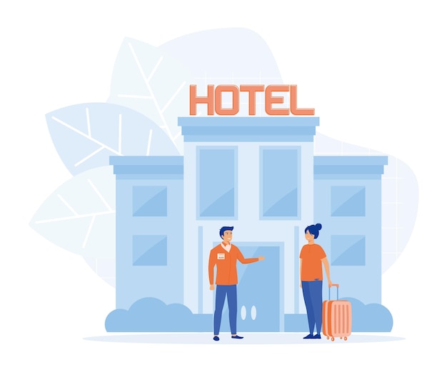 Hotel service concept Smiling doorman welcoming guest flat vector modern illustration