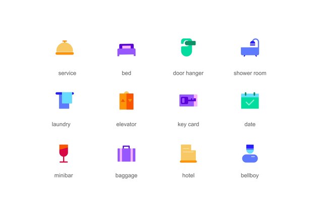 컬러 플랫 디자인으로 설정된 웹 아이콘의 호텔 서비스 개념 침대 문 걸이 샤워실 팩