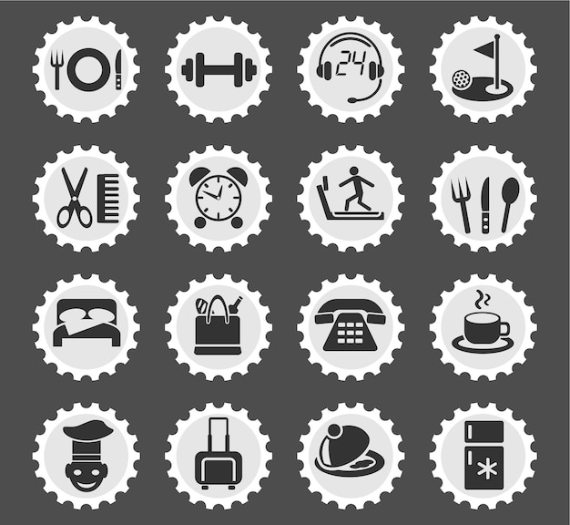 Hotel service icons on stylized round postage stamps