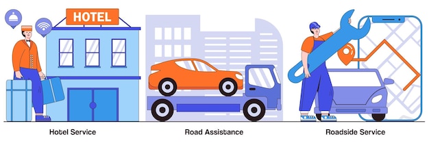 Hotel service roadside assistance and service concept with people characters Roadside business abstract illustration pack Drive inn car repair 24hour help truck breakdown flat tire metaphor