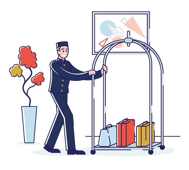 Hotel service and staff concept. porter is carrying luggage on the trolley. cartoon outline linear flat .