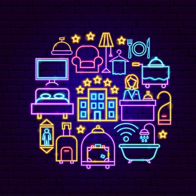 Hotel services neon concept. vector illustration of business promotion.