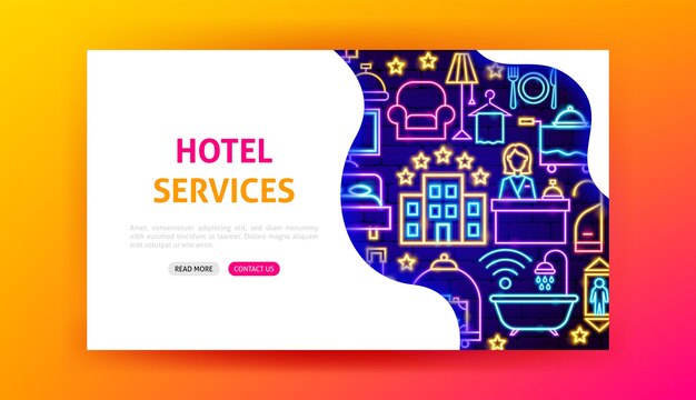 Hotel services neon landing page. vector illustration of business promotion.