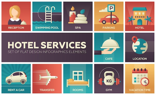 Hotel services - set of flat design infographics elements. reception, swimming pool, parking, spa, cafe, location, rent a car, transfer, rooms, gym, vacation time