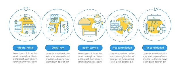 벡터 호텔 서비스 벡터 인포그래픽 템플릿 공항 셔틀 무료 취소 비즈니스 프레젠테이션 디자인 5단계 및 옵션이 포함된 데이터 시각화 프로세스 타임라인 차트 워크플로 레이아웃