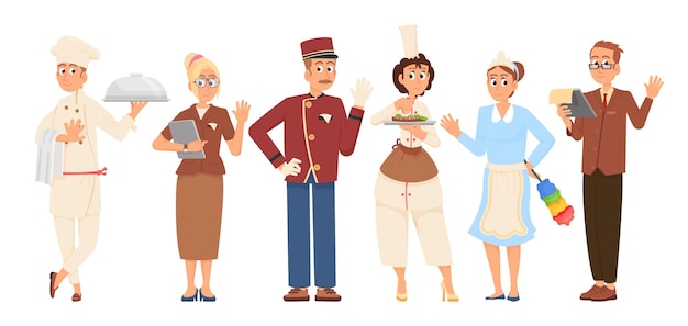 Hotel staff cartoon characters Professional hospitality workers on job Waiter receptionist and room service people Employees decent vector set