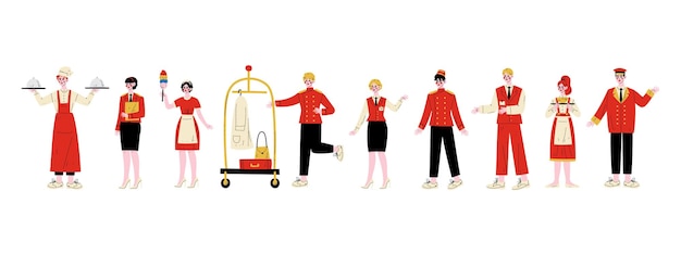 Hotel staff characters set chef manager maid bellhop receptionist concierge waitress doorman in red