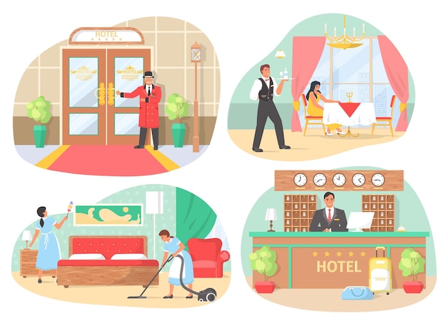 Hotel staff and services isolated vector scene