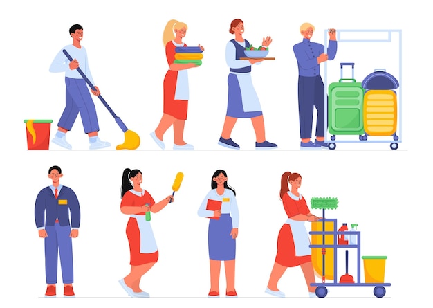 Vector hotel staff set women and men in uniform with cleaning equipment and detergents mop and clothes