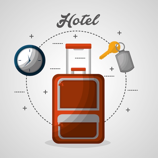 Hotel suitcase clock and chain key vector illustration