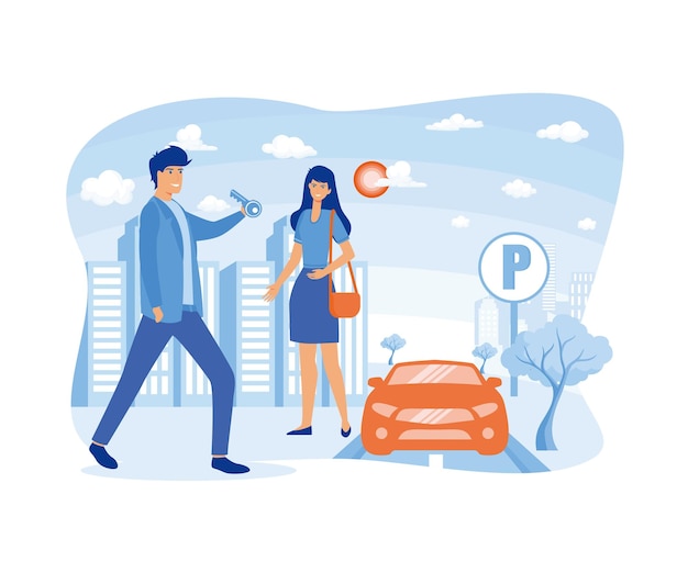 Vector hotel valet parking worker gets keys from client39s car flat vector modern illustration