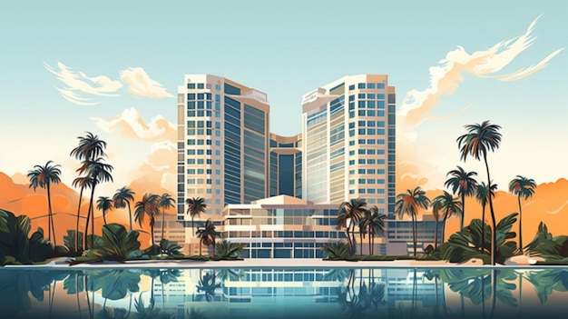 Vettore un hotel con palme e una piscina sullo sfondo