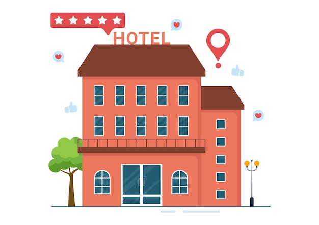 Hotelbeoordeling met beoordelingsservice voor beoordeelde klant of ervaring in handgetekende illustratie