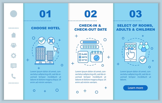 Hotelboeking onboarding mobiele webpagina's vector sjabloon