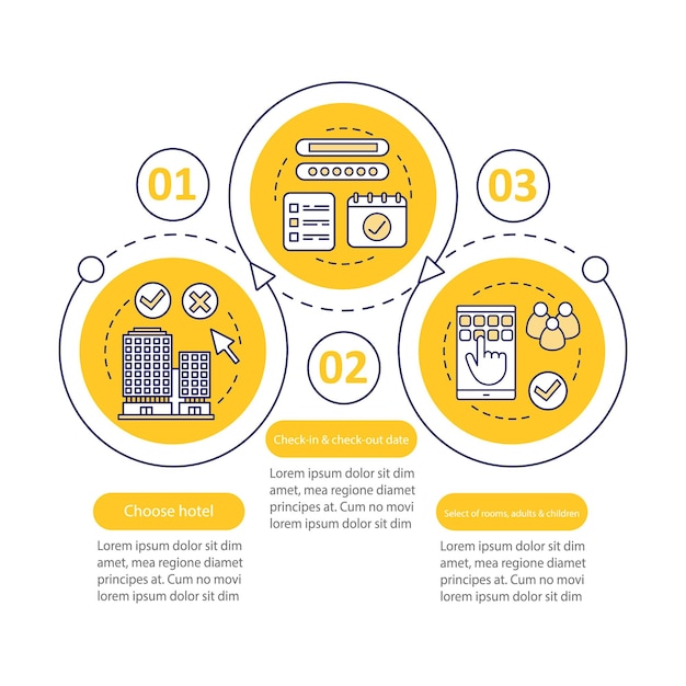 Hotelboeking vector infographic sjabloon zakelijke presentatie ontwerpelementen accommodatie appartement reserveren gegevensvisualisatie met stappenopties proces tijdlijndiagram werkstroomlay-out