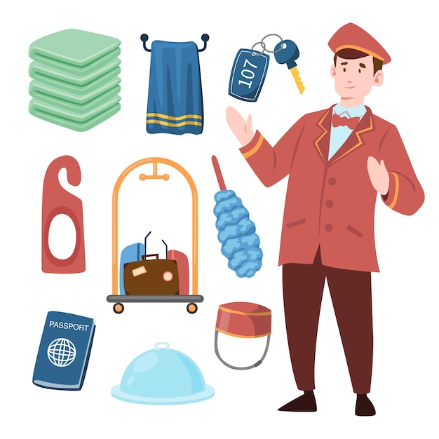 Hotelpersoneel Job Worker Character Tool Equipment Objecten met paspoort, buikjongenwagentje en handdoek