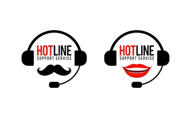 Hotline support service icoon met koptelefoon mannelijke vrouwelijke rode lippen en snor uniek concept