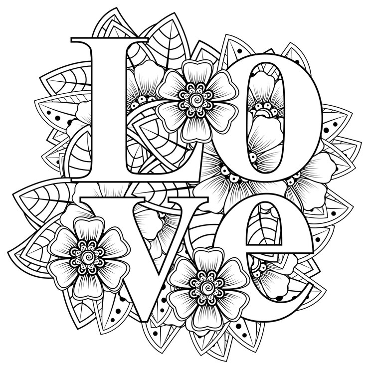 hou van woorden met mehndi bloemen voor het kleuren van de doodle ornament van de boekpagina in zwart-wit hand tekenen illustratie