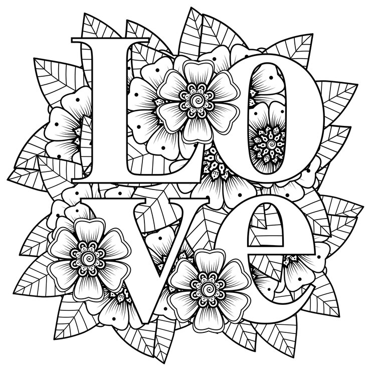Vector hou van woorden met mehndi bloemen voor het kleuren van de doodle ornament van de boekpagina in zwart-wit hand tekenen illustratie