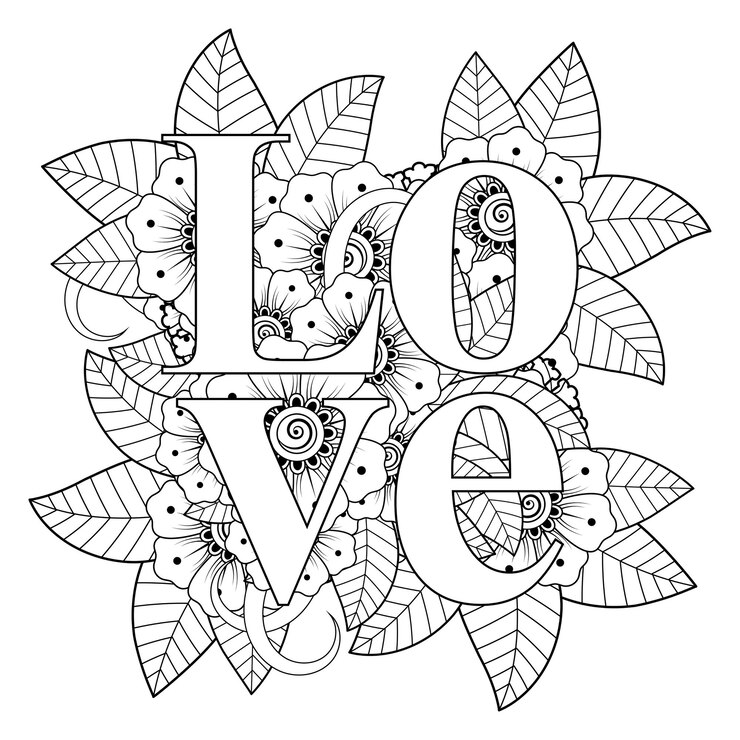 hou van woorden met mehndi-bloemen voor het kleuren van het doodle-ornament van de boekpagina
