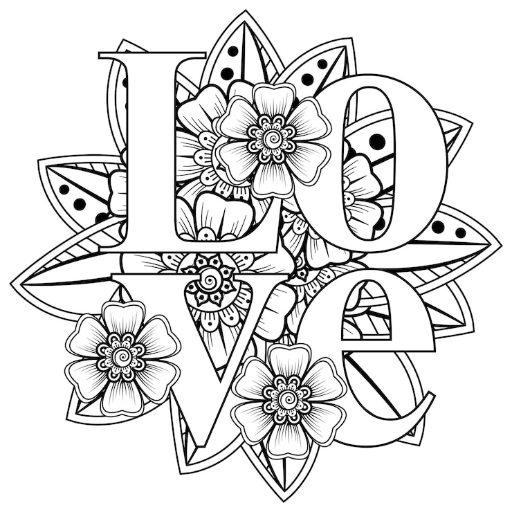 hou van woorden met mehndi-bloemen voor het kleuren van het doodle-ornament van de boekpagina