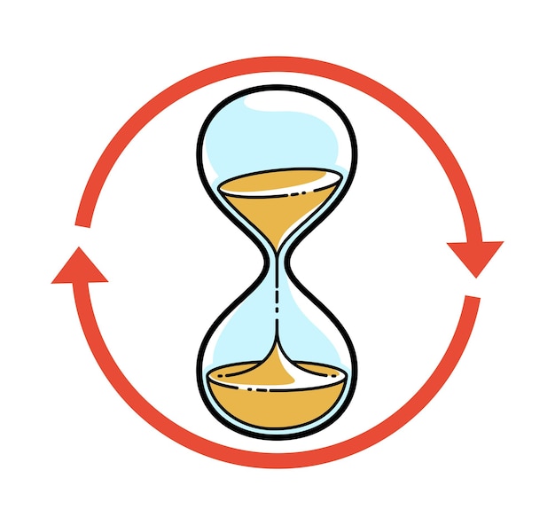 Hourglass sand watch with loop arrow vector illustration or icon isolated on white, deadline, infinite time concept.