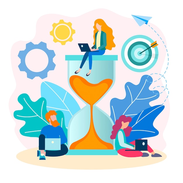 Hourglass team work education deadline Time is money concept Vector illustration