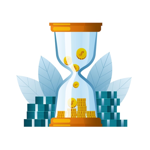 An hourglass with coins inside on the background of a stack of money and leaves