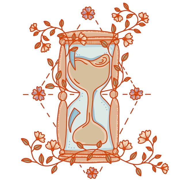 Vector hourglass with floral frame vector illustration in doodle style