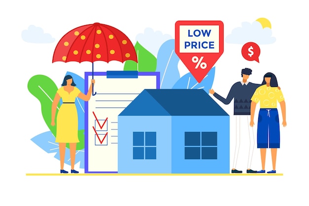 House agent sell real estate with insurance, vector illustration. property with low price for man woman character, couple buy home with mortgage. realtor hold umbrella, stand near paper form.