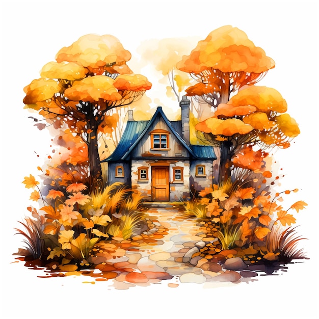 The house in the autumn forest watercolor paint