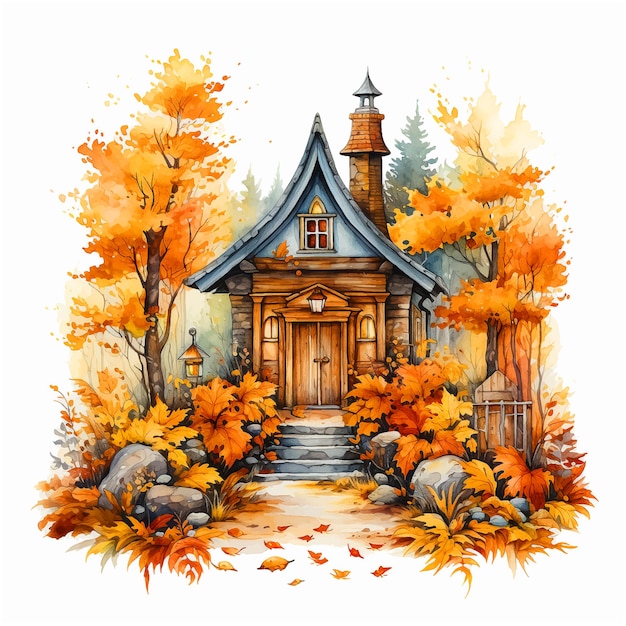 The house in the autumn forest watercolor paint