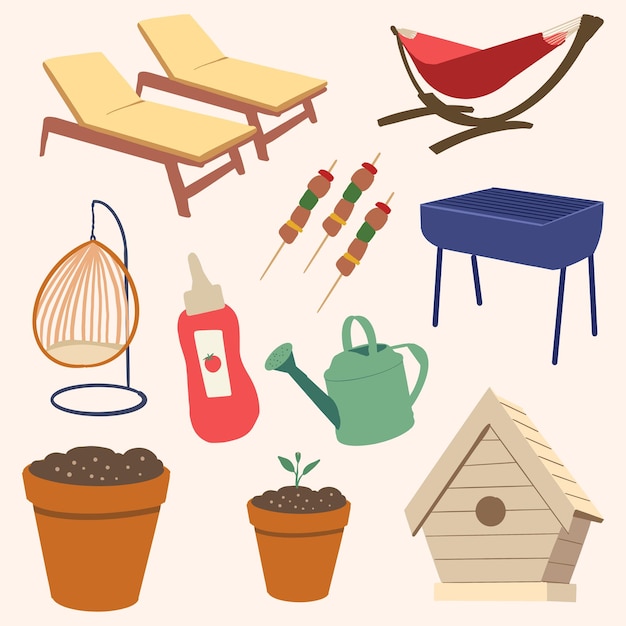 Vector house backyard garden objects cute hand drawn illustration set