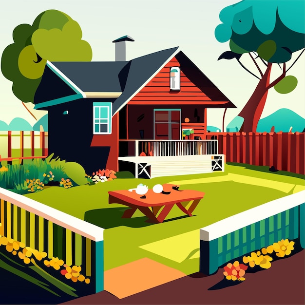 дом на заднем дворе сад с забором мультфильм вектор летний открытый дворик со столом для барбекю