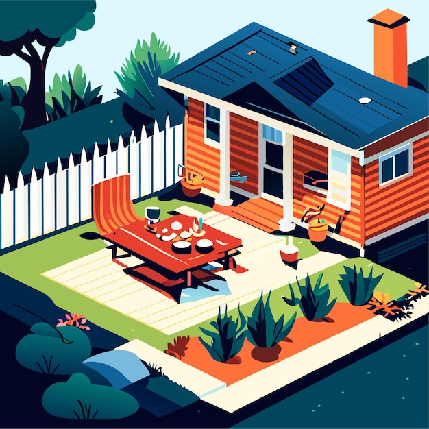 Vector house backyard garden with fence cartoon vector summer outdoor patio with bbq table