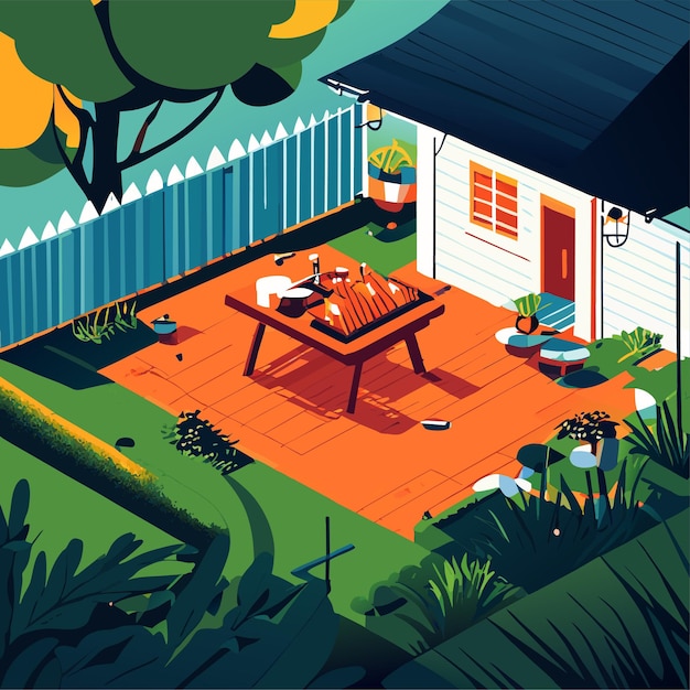 Vector house backyard garden with fence cartoon vector summer outdoor patio with bbq table