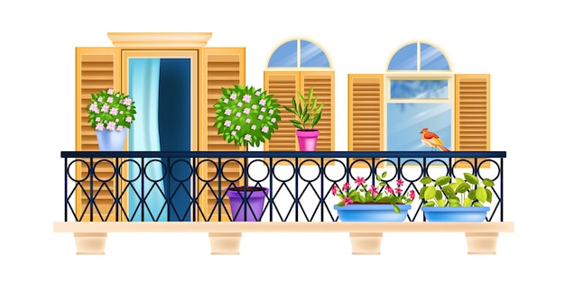 Vector house balcony, old town facade window architecture illustration