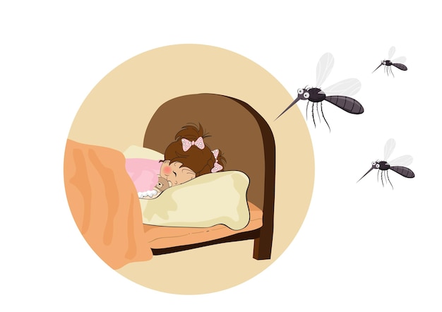 Vector in the house and in the bedroom with children must be careful to be careful of mosquitoes that carry dengue fever flat style cartoon illustration vector