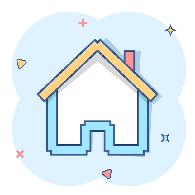 House building icon in comic style Home apartment vector cartoon illustration pictogram House dwelling business concept splash effect