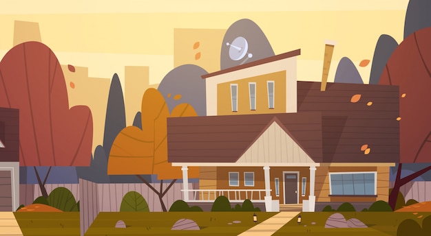 Vector house building suburb of big city in autumn, cottage real estate cute town concept